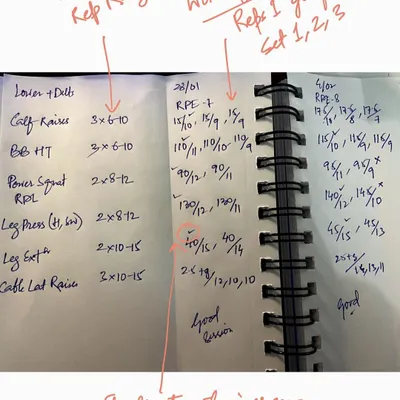 Tracking your workouts is one of the most important tools for progress. This is a page from my own logbook, showing how I track sets, reps, and weight to ensure I'm getting stronger week after week.