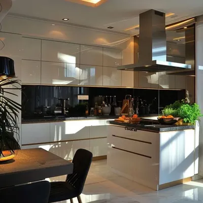 This kitchen features a large island with a built-in hob, making it a central hub for cooking and socializing. The open-plan layout connects the kitchen seamlessly with the dining area.