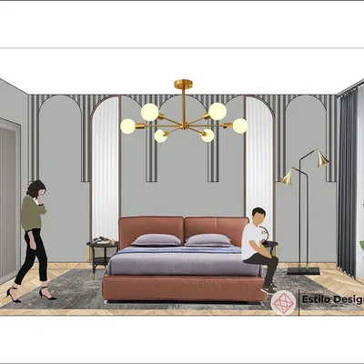 This is a detailed mood board for an Art Deco master bedroom. The design uses symmetrical arches and a sophisticated color palette to create a sense of glamour and order.