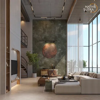 An overview of our Gurgaon Hills project, showcasing the interplay of double-height spaces, a mezzanine level, and a material palette of concrete and wood. This is a core example of our modernist architectural approach.