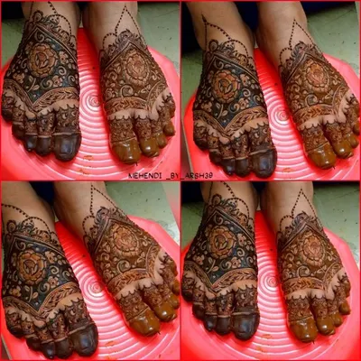 A collage showing a stunning bridal foot henna design. The pattern features a large floral motif on the top of the foot with detailed work on each toe.