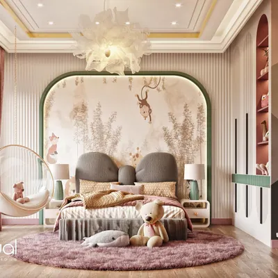 A whimsical and charming kids' room visualization. The design features a forest-themed wallpaper, a soft color palette of pink and green, and fun elements like a hanging bubble chair.