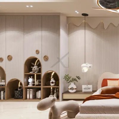 We believe in building play directly into storage. These custom cabinets feature arched, open niches for displaying toys and books, making organization fun and accessible.