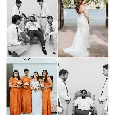 A collage capturing the fun, candid moments of the bride and groom with their respective wedding parties. These unposed shots are full of personality and genuine friendship.