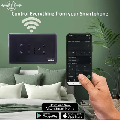 Control everything from your smartphone with the Alisan Smart Home app. This image shows our sleek black touch panel next to the app interface, demonstrating how you can manage your bedroom's climate and lighting with a tap.