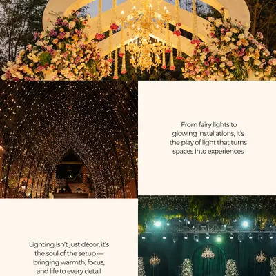 A collage showcasing the transformative power of light. From grand chandeliers at an entrance to a tunnel of fairy lights and dramatic stage lighting, each element is chosen to create a specific mood and experience.