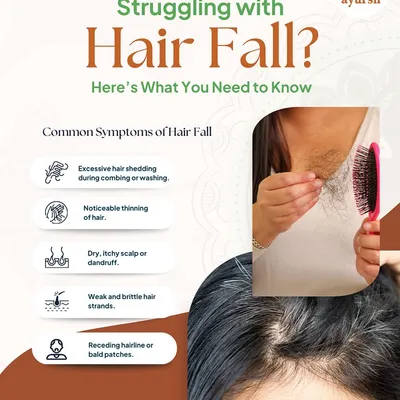 Are you struggling with hair fall? This graphic outlines the common symptoms, from excessive shedding to a receding hairline. We offer natural Ayurvedic solutions to address these issues.
