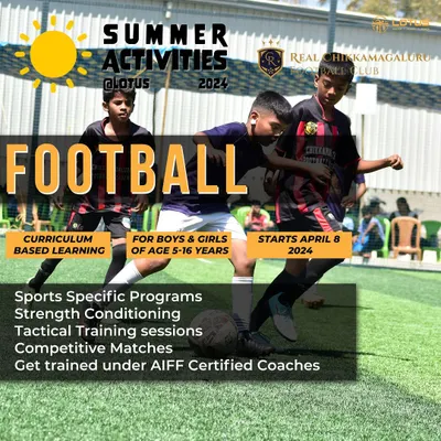 Our football summer camp offers curriculum-based learning for boys and girls. Kids get trained by AIFF certified coaches, focusing on skills, tactics, and competitive matches.