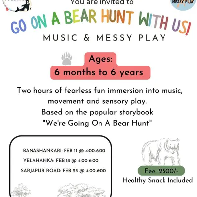 We're going on a bear hunt, and you're invited. This workshop brings the popular storybook to life with two hours of music, movement, and sensory play based on the textures and feel of the story.