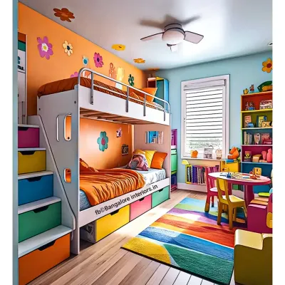 A burst of color makes this shared kids' room so cheerful. The bunk bed features rainbow-colored storage drawers, and a dedicated table and chairs create the perfect spot for arts and crafts.