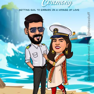 This custom engagement caricature captures the couple's love for the sea with a unique nautical theme. It's a wonderful way to announce an engagement or to display at a wedding celebration.