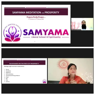 A collage from our exclusive online workshop on prosperity. The slides show our structured approach, teaching participants about blockages on the path to prosperity while we guide them through a powerful meditation healing process.