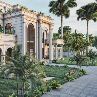 A daytime rendering of the classical farmhouse, showcasing the grand arched windows and columns. The bright sunlight emphasizes the scale of the property and the meticulous detail of the surrounding tropical gardens and pathways.