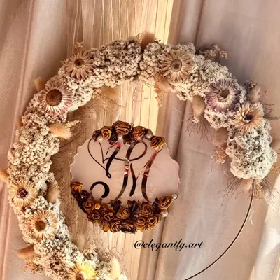 A new product I'm excited about: the hanging logo wreath. This piece preserves a wedding garland around a floral hoop, with a custom resin logo of the couple's initials in the center.