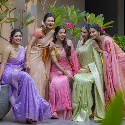 A beautiful group shot from a campaign for Thamarai Threads. I created coordinated, natural makeup looks for all the models to complement the pastel color palette of the sarees, showcasing a cohesive style perfect for a bridal party.