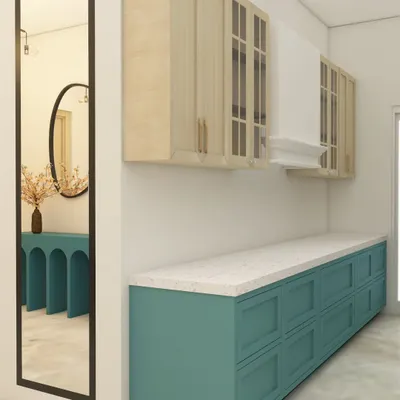 A 3D design for a living and dining room at ATS Nobility, Noida Extension. This render shows a two-tone crockery unit with a console table, helping the client visualize the color scheme and layout.