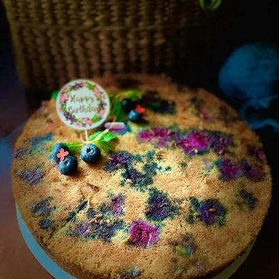 This is my Blueberry, Lavender, and Lime cake, made with whole wheat flour. The combination of tart blueberries, fragrant lavender, and zesty lime is simply delicious.