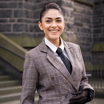 I love an androgynous moment. For a press conference at the Melbourne Film Festival, I styled Mrunal Thakur in this custom plaid suit from Label Manikananda. The look is sharp, powerful, and so chic.