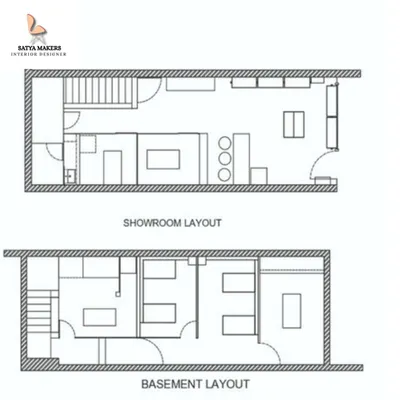 The foundation of any great design is a solid plan. This 2D layout for a retail showroom details the ground floor and basement, mapping out customer flow, product placement, and back-end areas for maximum efficiency.