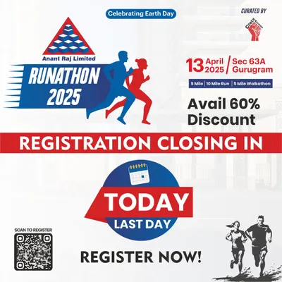 This "Registration Closing Today" graphic for the Anant Raj Runathon is a powerful call to action. I use time-sensitive promotions to convert interest into immediate sign-ups.
