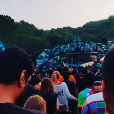 The view from the crowd at Karacus Maracus 2020 in Goa. This festival is dedicated to Dark Psy and Forest music, some of my favorite genres to perform and dance to. The stage design is always next level.