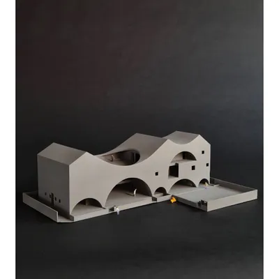A 3D printed model of 'The Arcades Project'. Models like this are crucial for studying form, volume, and light. Here, we reinterpreted familiar arches and pitched roofs in unfamiliar ways.