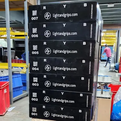A stack of our new in-house designed and fabricated electrical distribution boxes. These were built based on direct feedback from our gaffers and electricians to ensure they are safe, organized, and practical for on-set use.