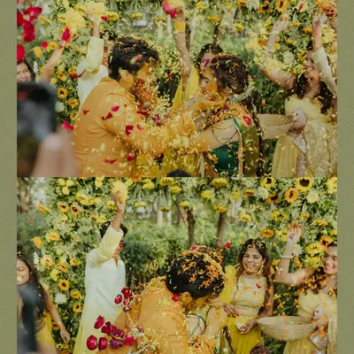 Pure, unadulterated joy as friends and family shower the couple with flower petals during their outdoor Haldi ceremony.