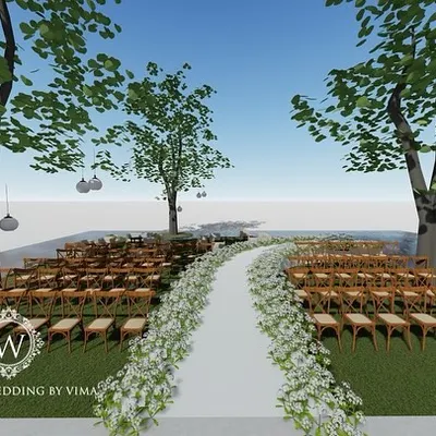 A 3D render of an elegant outdoor reception. This visual preview helps our clients see exactly how the aisle, seating, and stage will look, ensuring every detail is perfect.