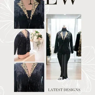 This black velvet blazer with hand-embroidered lapels is a stunning and versatile piece. The rich texture combined with intricate embroidery adds a touch of luxury and can be customized in any color.