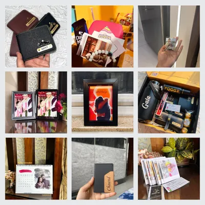 Just a glimpse of the different personalized items I can create for you. This collage shows a variety of products, including custom wallets, photo frames, and a complete gift hamper, highlighting the range of my creative services.