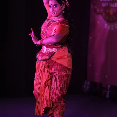 This is a full-length shot of the Draupadi character makeup for a stage performance. The makeup was designed to be visible from a distance, with strong contouring, bold eyes, and traditional details that hold up under dramatic lighting.