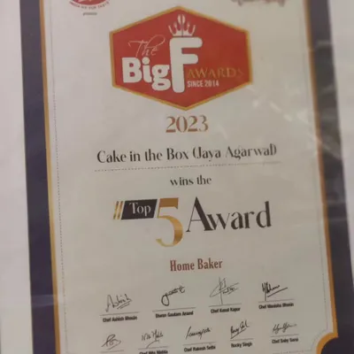 A close-up of my certificate from The Big F Awards, recognizing Cake in the Box as a Top 5 Home Baker in Gurgaon for 2023. This award reflects the trust and support of my wonderful clients.