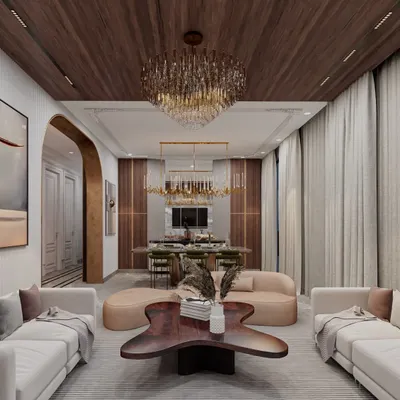 This render illustrates our concept for an open-plan living and dining area. We used a wooden ceiling to define the living space and a pop ceiling for the dining area, creating distinct zones while maintaining a cohesive flow. A large mirror wall behind the dining console enhances the perception of depth.