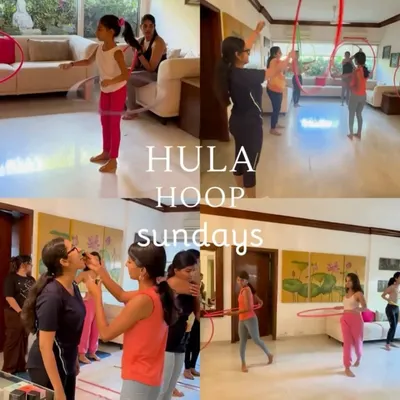 A collage from one of my "Hula Hoop Sundays" workshops. I travel to teach private and group classes, turning living rooms into fun learning spaces. It’s so rewarding to see students progress.