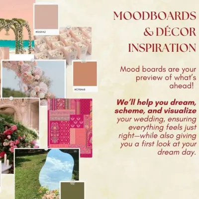It all begins with a vision. We work with you to create detailed mood boards that capture your desired aesthetic, color scheme, and overall feel, ensuring your dream day is visualized perfectly from the start.
