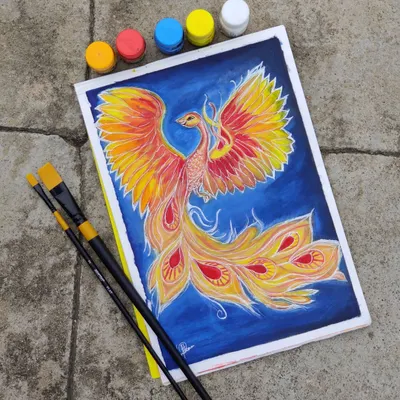 The mythical Phoenix, a powerful symbol of resilience, is the subject of this canvas painting. I used bold brushstrokes and a fiery color palette to depict the bird rising with its wings spread against a contrasting deep blue sky, capturing a moment of magical rebirth.