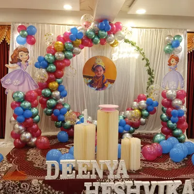 We love doing themed birthday parties. Here is a complete setup for a first birthday with a princess theme, including a custom balloon arch, character cutouts, a photo of the birthday girl, and a personalized 3D name board.