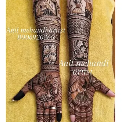 A full bridal mehandi telling a complete wedding story. This design features a Varmala ceremony, doli scene, and dancing figures, with each hand showcasing a different part of the celebration.