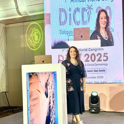 On stage at the 7th Annual World Congress, DiCD 2025, in Goa. It is always an honor to be invited to speak and share my experience in interventional and clinical dermatology with my peers.
