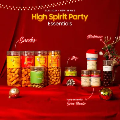 This is my 'High Spirit Party' hamper, curated for an unforgettable New Year's Eve. It's filled with savoury snacks, zesty dips, party spice blends, and mukhwas to keep the good vibes going all night.