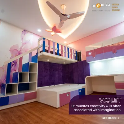 This all-in-one unit is a dream for any child's room. It features a loft bed, a cozy space underneath, a full-sized wardrobe, and an attached study desk, all designed in a creative violet and pink color scheme to spark imagination.