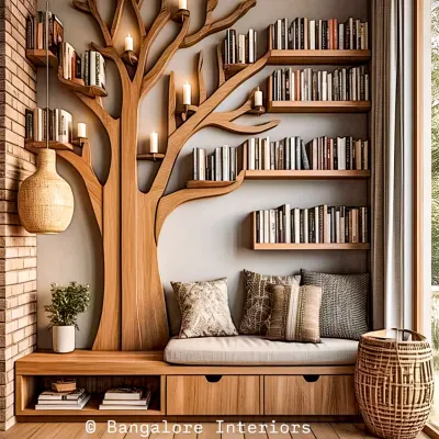 A stunning tree-shaped bookshelf that serves as a captivating piece of wall art. This custom unit includes a cozy reading nook with a bench and storage drawers, making it a reader's paradise.