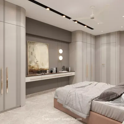 This master bedroom embodies contemporary luxury with a seamless blend of minimalism and sophistication. A neutral palette and curved cabinetry details create a refined ambiance, while premium textures enhance depth and warmth.