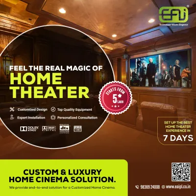 This promotional overview shows a classic, wood-paneled home cinema, highlighting our end-to-end solution which includes customized design and expert installation.