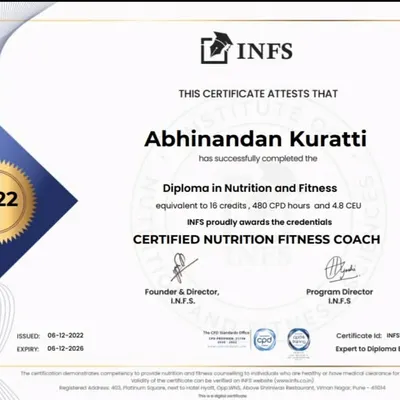 My official Diploma in Nutrition and Fitness from INFS, certifying me as a Nutrition and Fitness Coach.