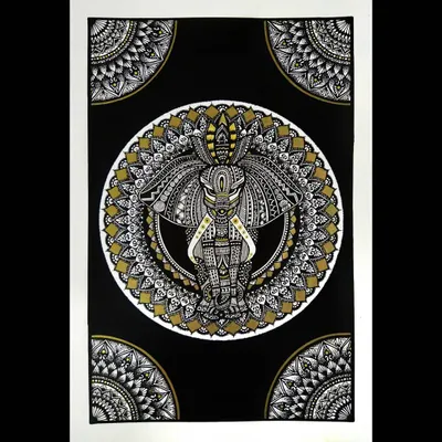 This is the full composition of the elephant mandala, set against a black background with corner details. This format gives the artwork a more formal, framed appearance.