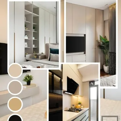 A mood board showing how we create a cohesive design language that flows from the kitchen to the bedroom, using a consistent color palette and material selection for both kitchens and wardrobes.