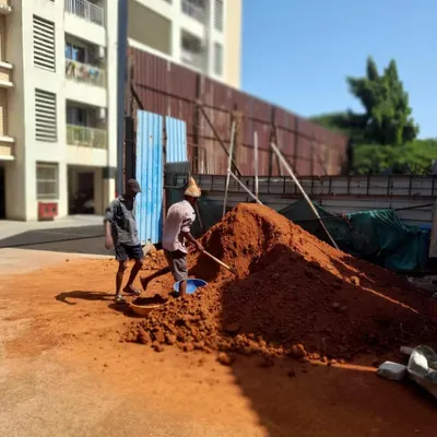 The first step in any lawn installation is preparing the soil. Here, my team works with a large pile of red soil for a carpet lawn project at a residential complex.