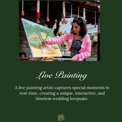 A live painting artist captures the wedding ceremony in real-time, creating a unique piece of art and an interactive experience for guests. The final painting becomes a timeless keepsake for the couple.